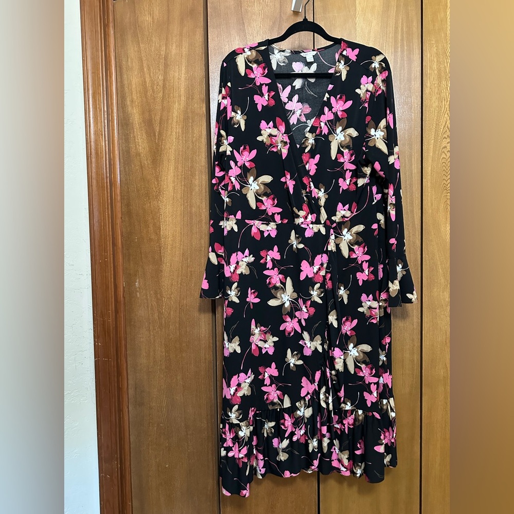 Cato Black Floral Wrap Dress with Pink & Cream Blooms